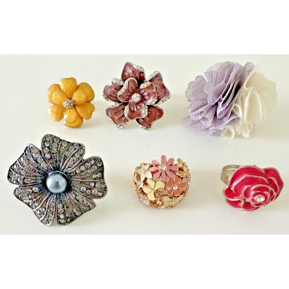 Rings Flowers Lot Crystals Statement Pink Yellow Grey Purple Floral Set of 6 Pc